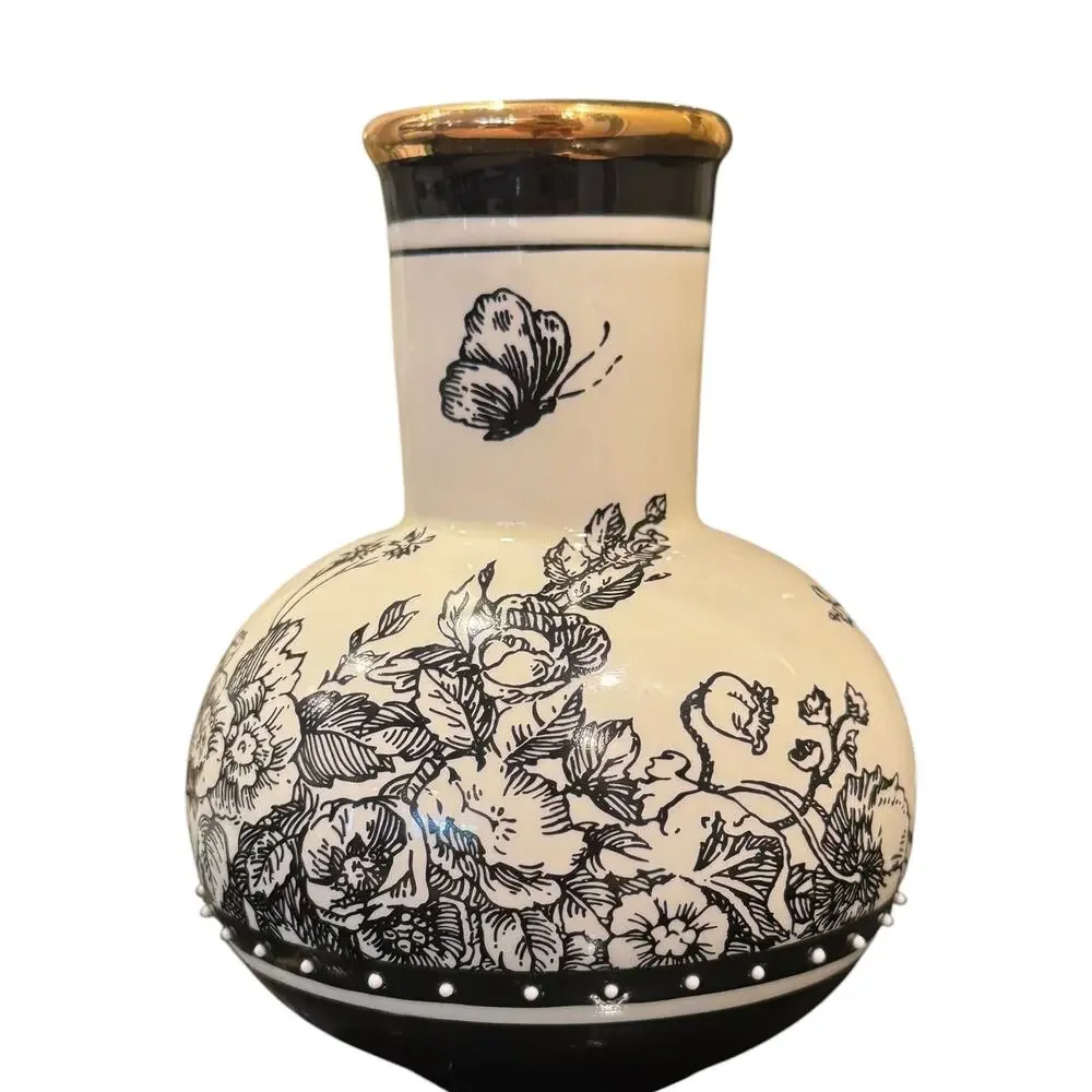 Mud Pie Small Black & White Floral Butterfly Bud Vase Gold Rim 5.25